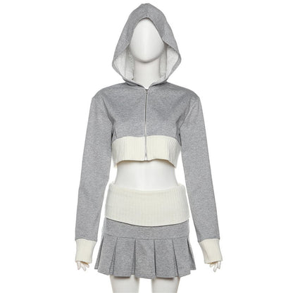 2PCS Grey Cropped Hoodie + Pleated Mini Skirt