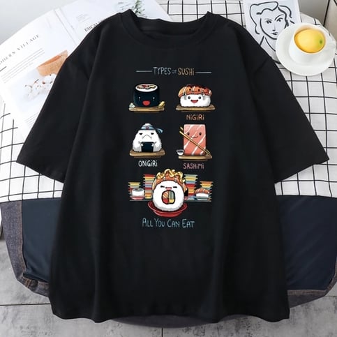 Cute Sushi Food Graphic Cartoon Print Loose Short Sleeve T-shirt Aesthetic Casual Summer E-Girl Kawaii Korean Japanese Harajuku