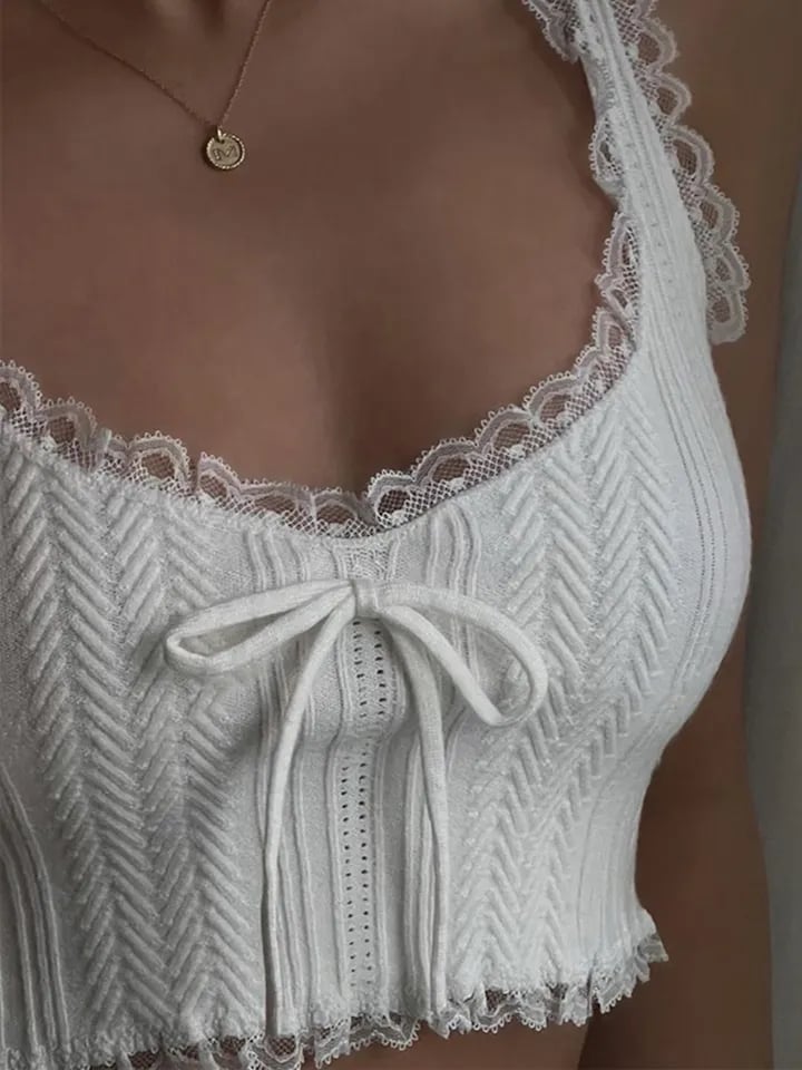 Lace Patchwork Bow Tank Top