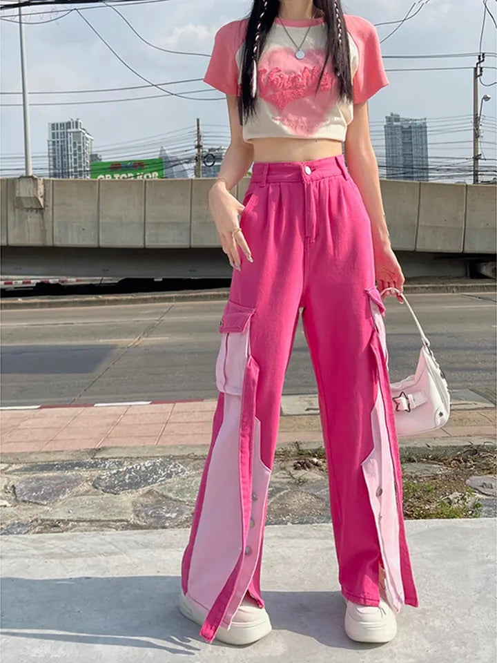 Pink Patchwork Baggy Cargo Pants