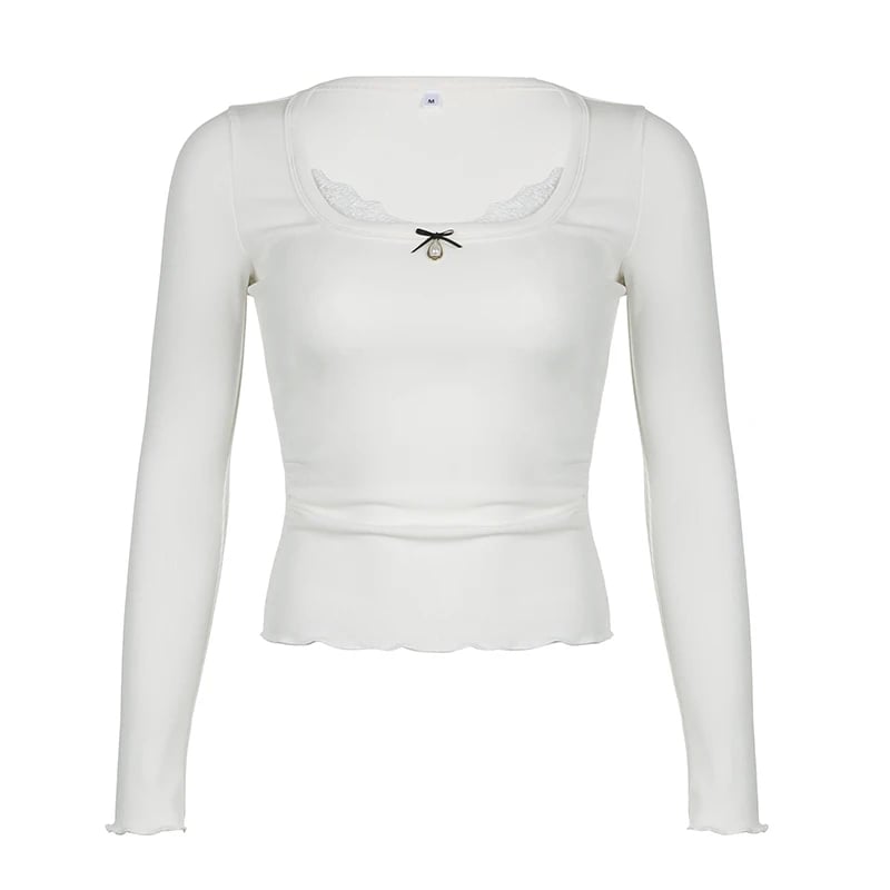 White Lace Bow Long Sleeve Crop Top