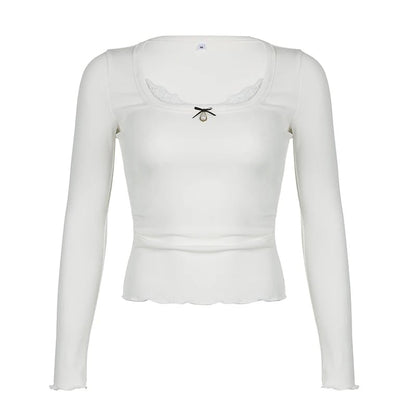 White Lace Bow Long Sleeve Crop Top