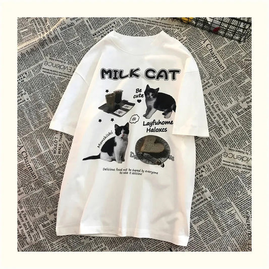 Cat Milk Cartoon Print Short Sleeve T-shirt