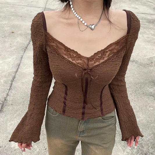 Brown Lace Trim V Neck Flare Long Sleeve Top