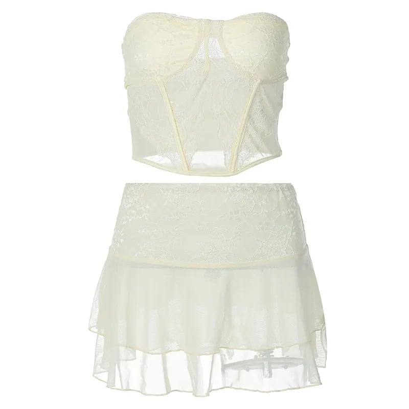 2PCS Cream Lace Corset Top + Mini Skirt