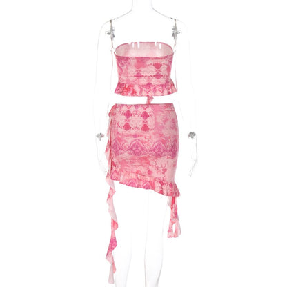 2PCS Pink Irregular Strapless Tube Top + Ruffled Mini Skirt