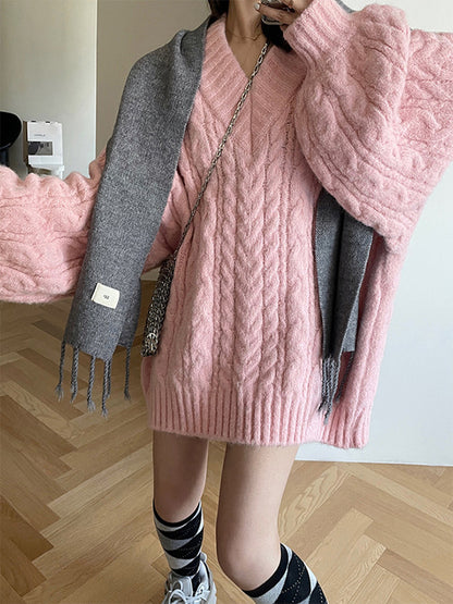 Pink Preppy Cable Knit V Neck Sweater