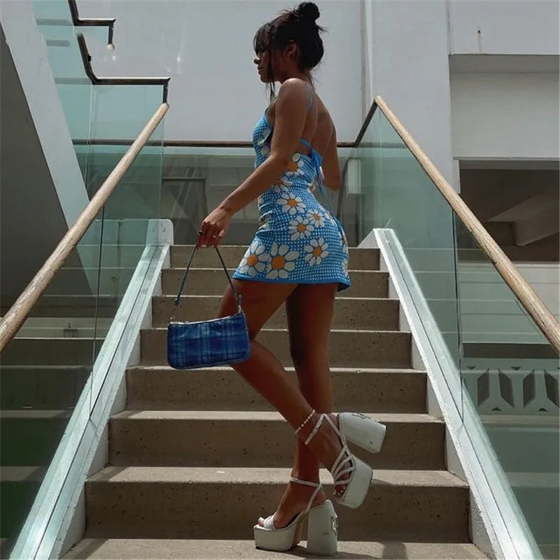 Blue Flower Lace Up Mini Dress