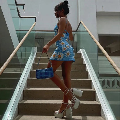 Blue Flower Lace Up Mini Dress