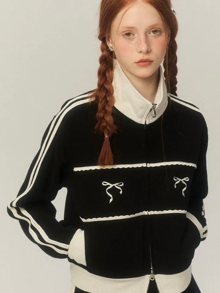 Grey Bow Embroidery Zipper Jacket