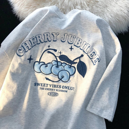 Cherry Embroidery Loose Short Sleeve T-shirt