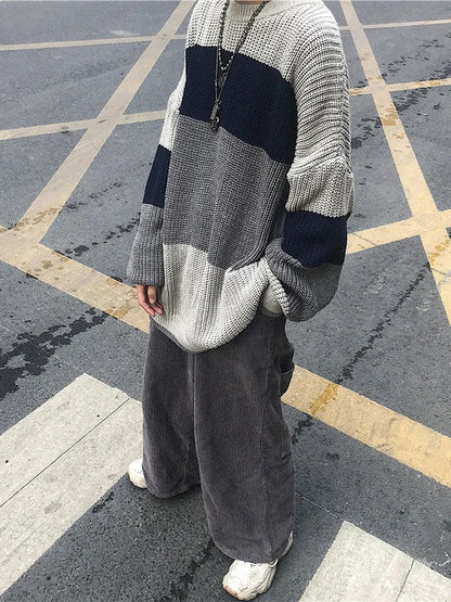 Grey Stripe Patchwork Sweater