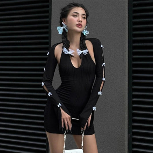 2PCS Black Knit V Neck Halter Dress + Long Sleeve Shawl