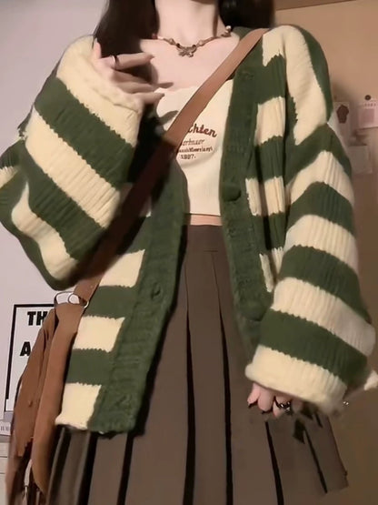 Green Stripe Loose Cardigan