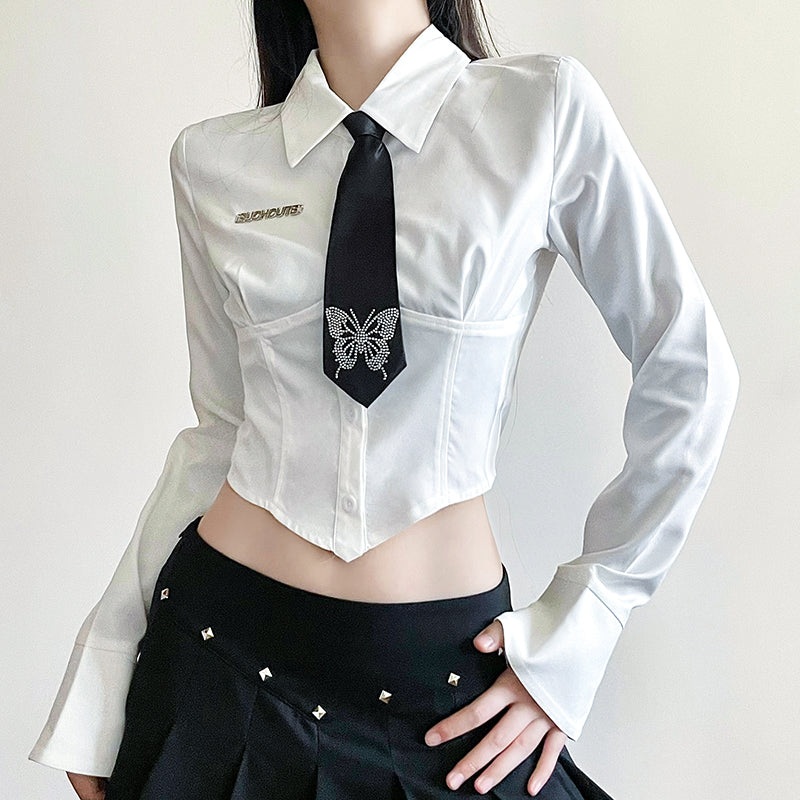 White Butterfly Rhinestone Tie + Long Sleeve Shirt Set