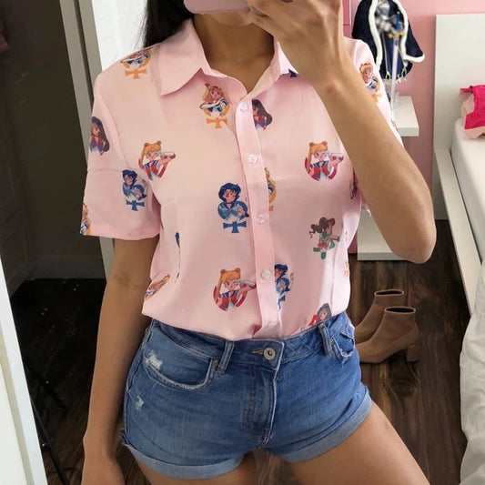 Pastel Anime Girl Japanese Print Cartoon Button Down Short Sleeve Shirt