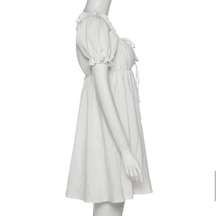 White Puff Sleeve Ruffle Trim Mini Dress