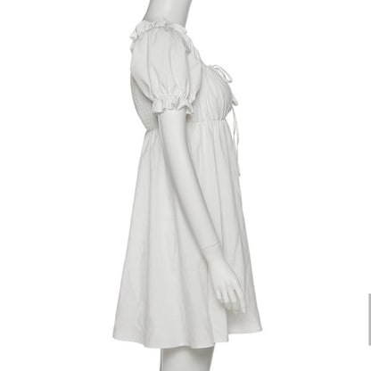 White Puff Sleeve Ruffle Trim Mini Dress