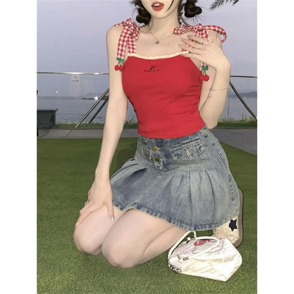 Cherry Red Plaid Embroidery Tank Top