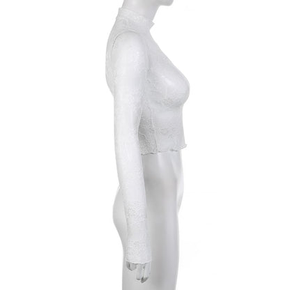 White Transparent Lace Turtleneck Crop Top