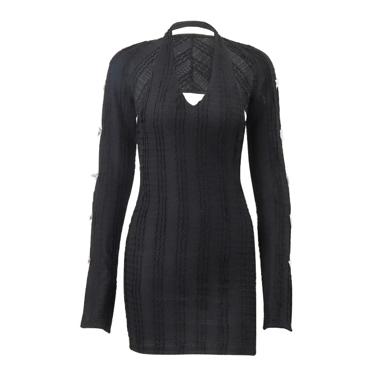 2PCS Black Knit V Neck Halter Dress + Long Sleeve Shawl