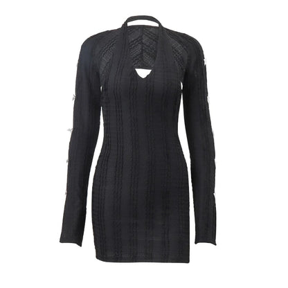 2PCS Black Knit V Neck Halter Dress + Long Sleeve Shawl