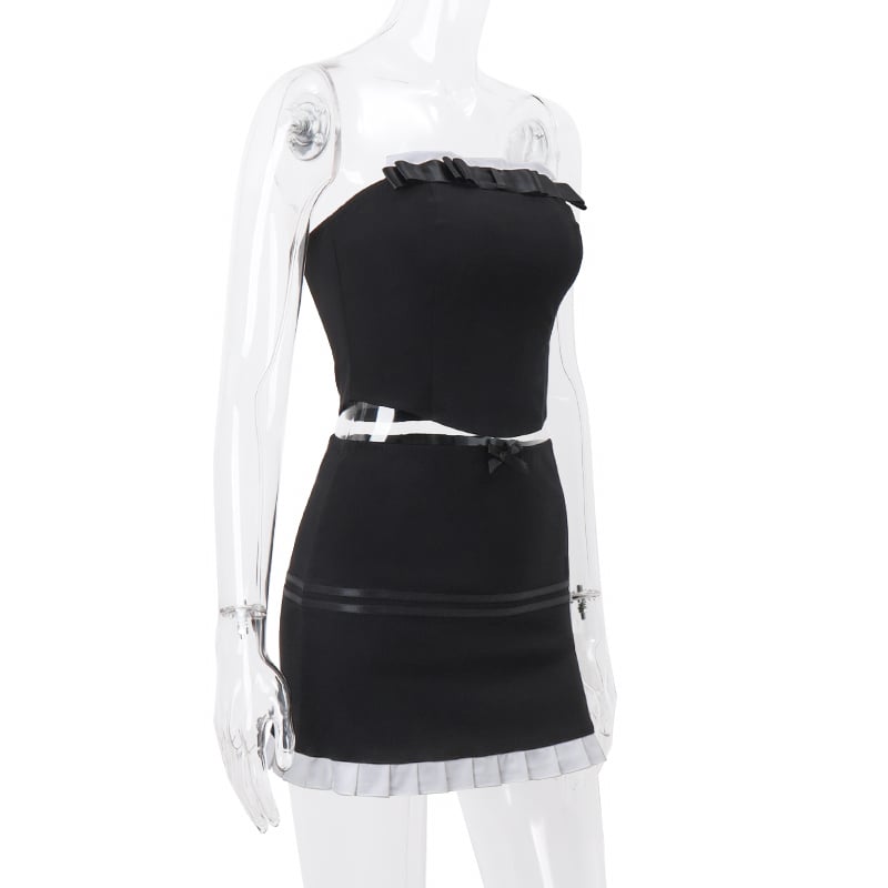 2PCS Black & White Strapless Top + Pleated Mini Skirt