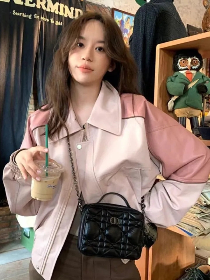 Pink Faux PU Leather Zup Up Cropped Jacket
