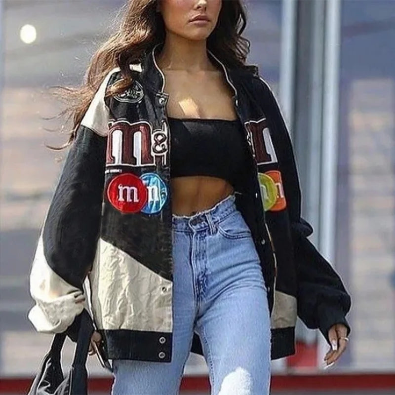 Cute Chocolate Embroidery Patch Retro Oversize Vintage Racer Jackets Long Sleeve Pullover Aesthetic Casual E-Girl Kawaii Korean Japanese Harajuku