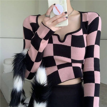 Pink & Black Checkboard Knit Sweater