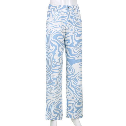 Blue & White Zebra Print High Waist Pants