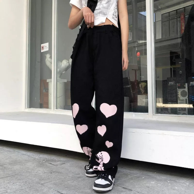 Black Skeleton Print Loose Waist Wide Leg Pants