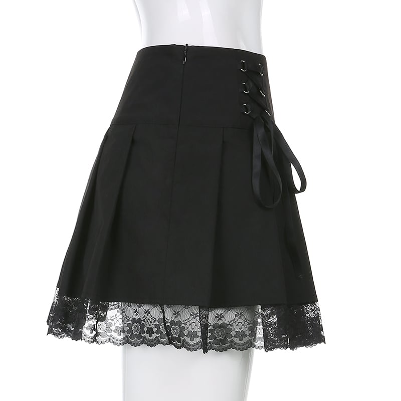 Black Bow Lace Up Pleated Mini Skirt