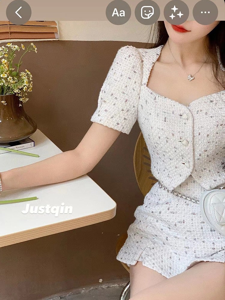 2PCS White Tweed Puff Sleeve Blouse + Skirt
