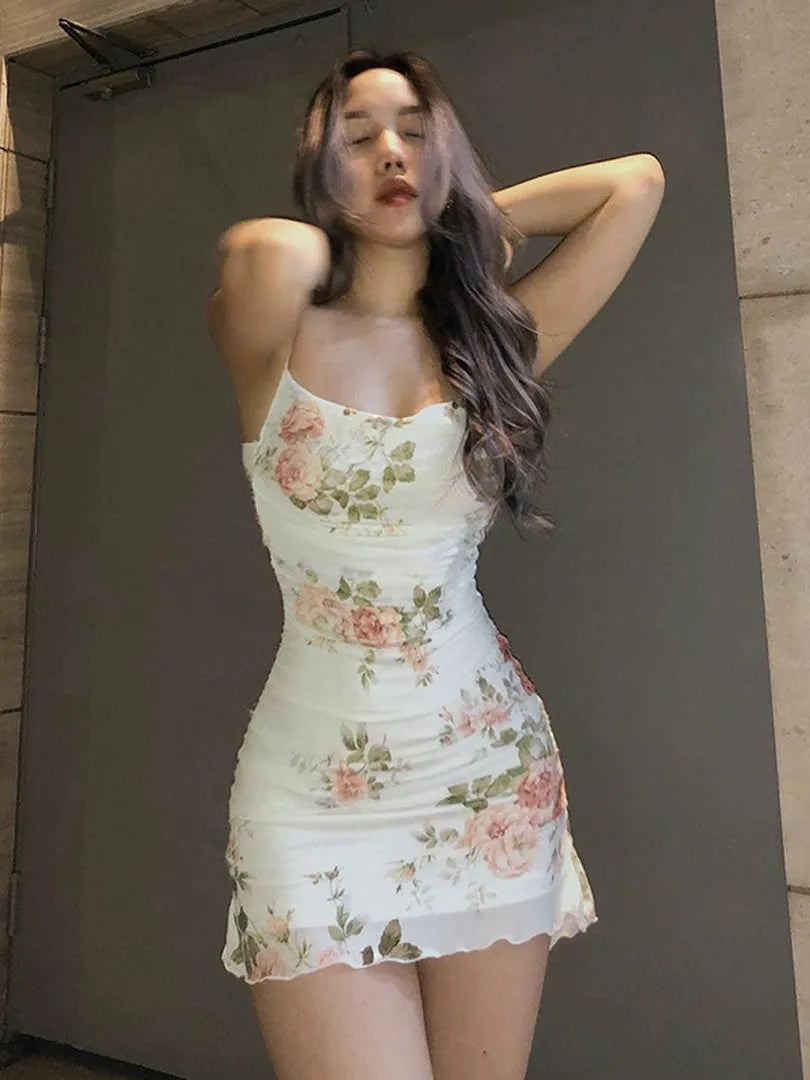 Floral Mesh Ruched Bodycon Dress