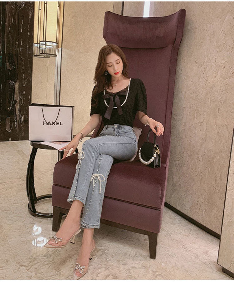 Chic Pearl Bowknot Bead High Waist Jeans