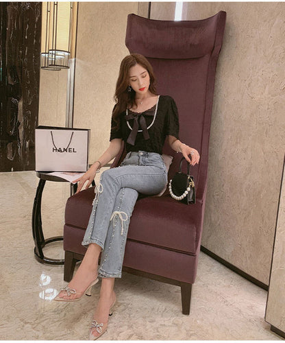 Chic Pearl Bowknot Bead High Waist Jeans