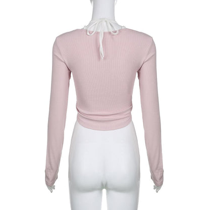 Pink Lace Patchwork Button Crop Top