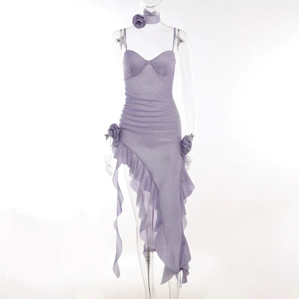 Purple Glitter Flower Frill Split Midi Dress