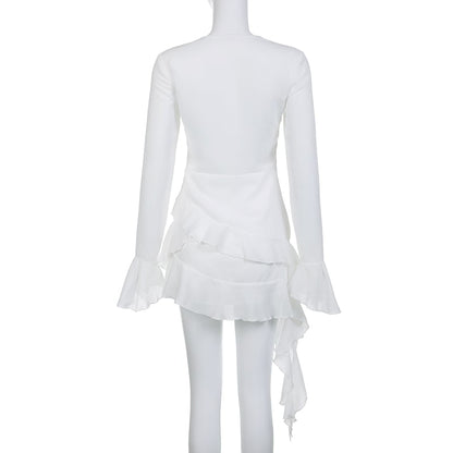 White Ruffle A-Line Chiffon Long Sleeve Flare Dress
