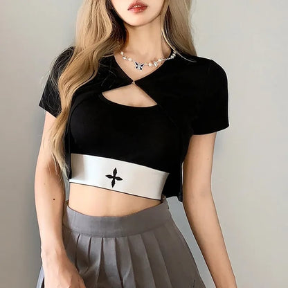 Black Punk Square Collar Short Sleeve Shirt