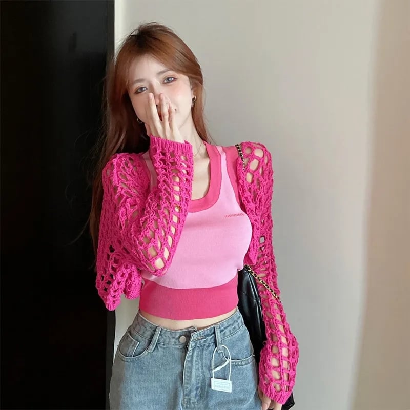 2PCS Pink Crochet Smock + Tank Top