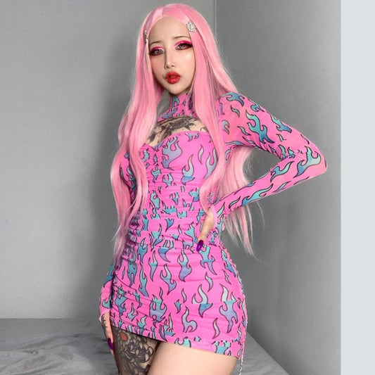 Sexy Pink Fire Flame Print Hollow Cut Out Long Sleeve Mini Dress Ruched Bodycon Club Party Summer E-Girl Kawaii Korean Japanese Harajuku Streetwear