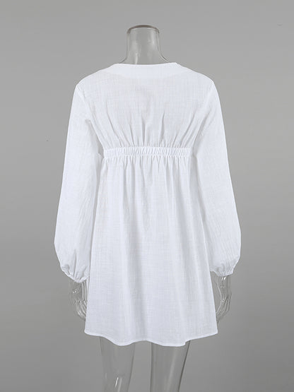 White Cotton Lantern Long Sleeve Dress