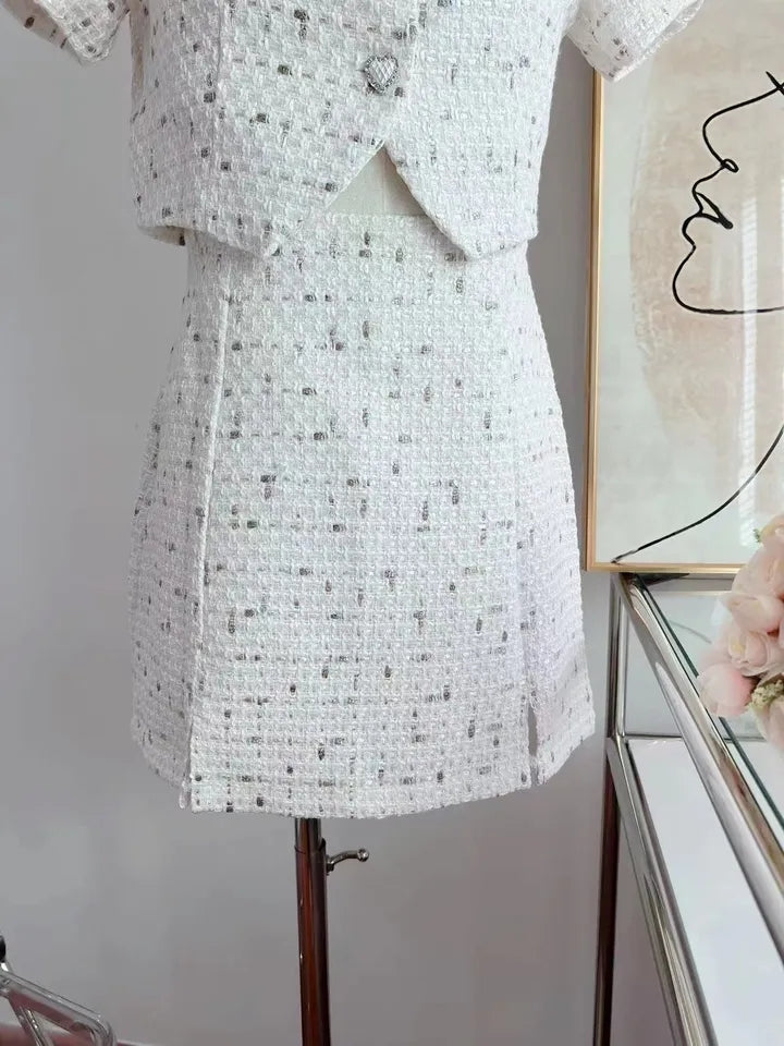 2PCS White Tweed Puff Sleeve Blouse + Skirt