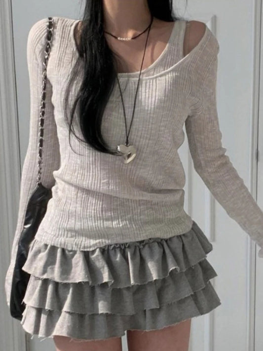 Grey Ribbed 2PCS Long Sleeve Shirt