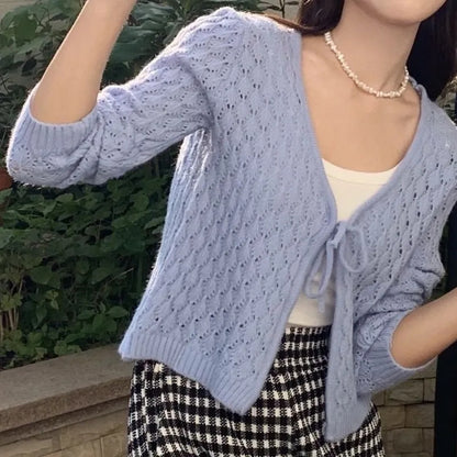 Hollow Out Lace Up V Neck Cardigan