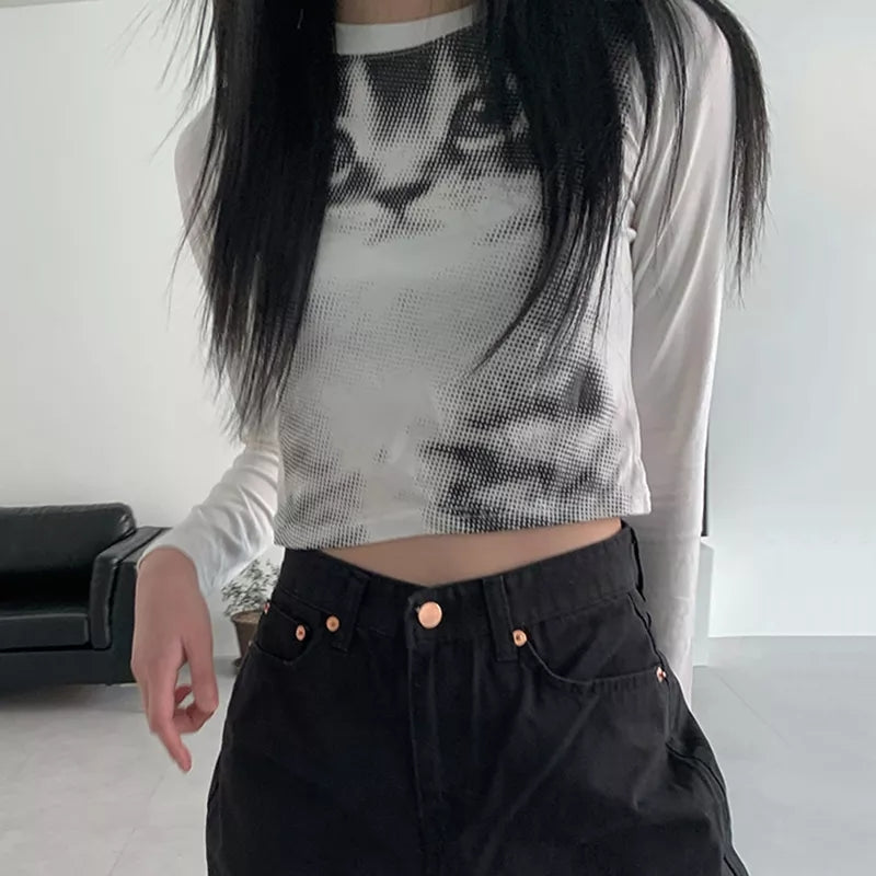 Indie Cat Print Long Sleeve T-shirt