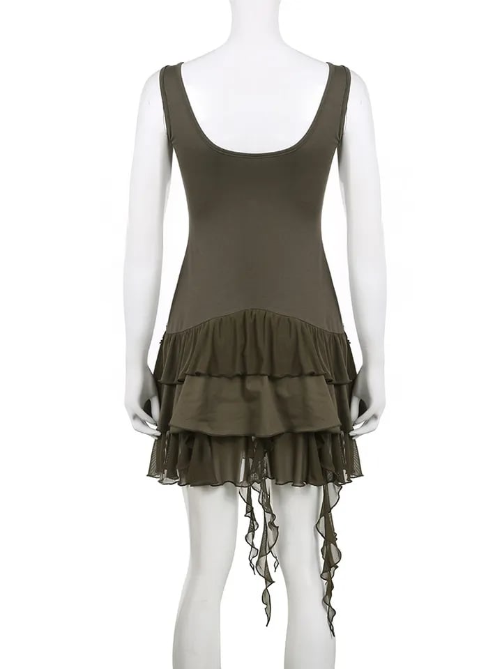 Green Ruffle Irregular Lace Dress