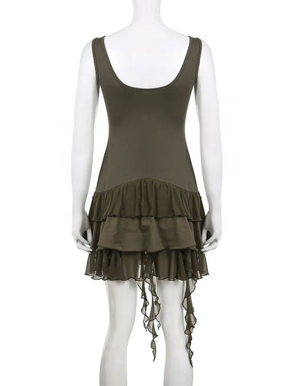Green Ruffle Irregular Lace Dress